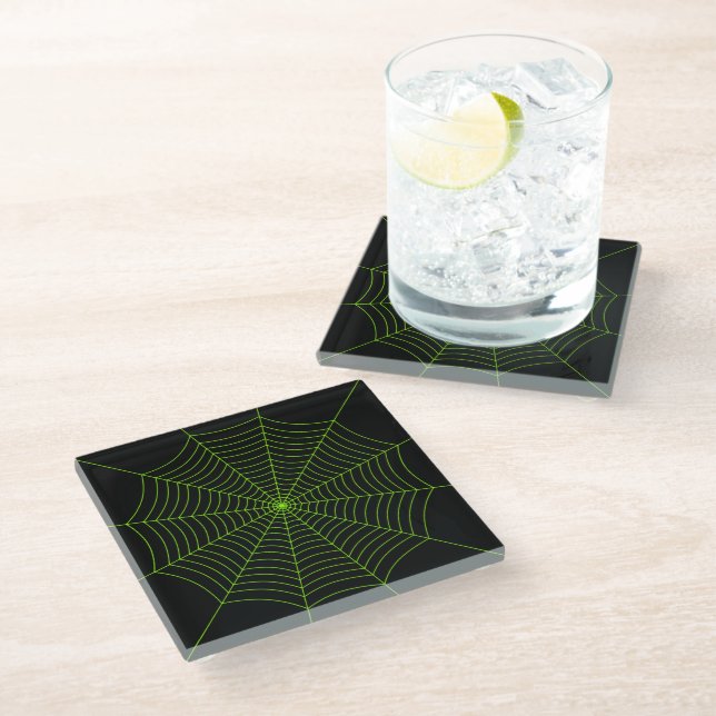 Posavasos De Vidrio Patrón de Halloween en la telaraña verde neonesa n (Angular)