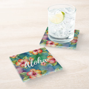 Posavasos De Vidrio Patrón de hermosa flor de hibisco Aloha Hawái 
