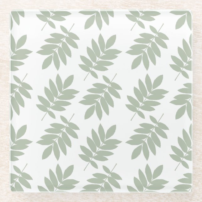 Posavasos De Vidrio Patrón de hoja de saúco verde + blanco (Anverso)