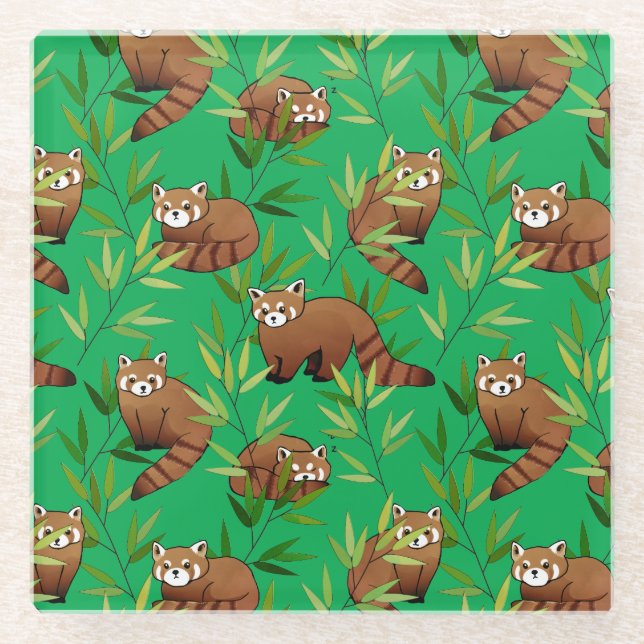 Posavasos De Vidrio Patrón de hojas de bambú y pandas rojas (Anverso)