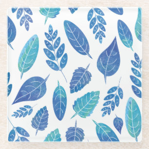 Posavasos De Vidrio Patrón de hojas de color azul
