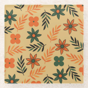 Posavasos De Vidrio Patrón de hojas de flores florales retro vintage 7