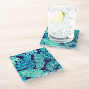 Posavasos De Vidrio Patrón de hojas verdes azules tropicales
