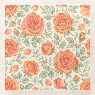 Posavasos De Vidrio Patrón de jardín Coral Rose & Sage