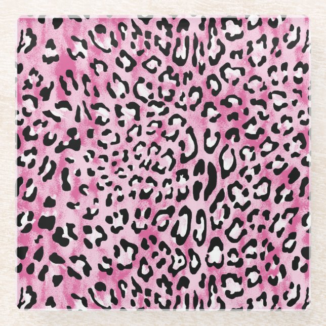 Posavasos De Vidrio Patrón de Leopardo Blanco Rosa. (Anverso)