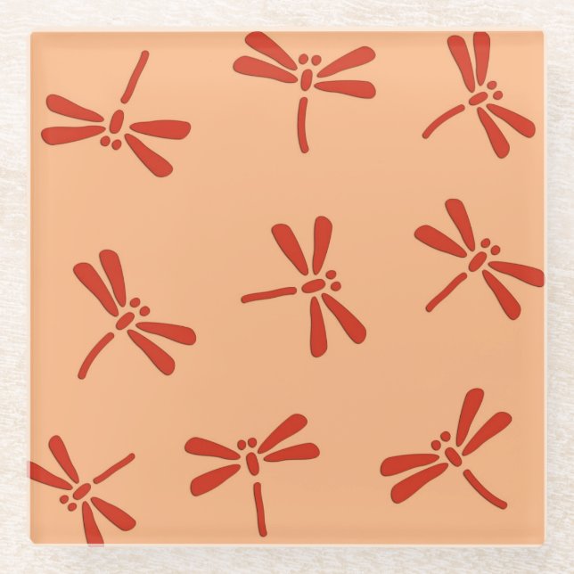 Posavasos De Vidrio Patrón de libélula japonesa, naranja mandarín (Anverso)