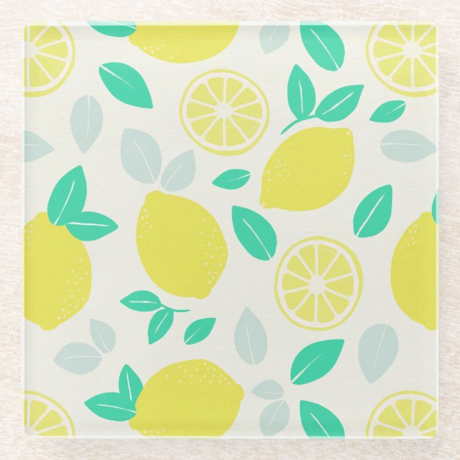 Posavasos De Vidrio Patrón de limón de verano en crema (Anverso)