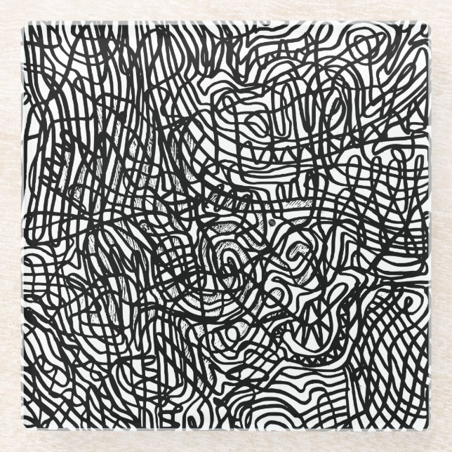 Posavasos De Vidrio Patrón de líneas blancas y negras abstractas (Anverso)