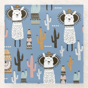 Posavasos De Vidrio Patrón de Llama, Cactus, Elementos dibujados a man