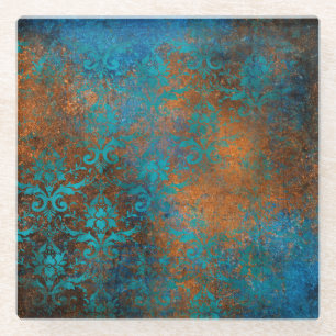 Posavasos De Vidrio Patrón de lujo decorativo floral marrón azul grung