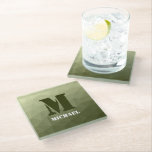 Posavasos De Vidrio Patrón de malla geométrica verde claro del ejércit<br><div class="desc">Monograma Personalice con su personalizado inicial y su nombre. El gradiente verde del ejército de la malla geométrica triángulos sombríos. Malla geométrica triangular con gradiente oscuro gris oscuro claro. militar,  ejército,  patrón,  sombrío,  malla,  triángulos,  geometría,  geométrica,  gradiente,  fresco,  triángulo,  verde</div>