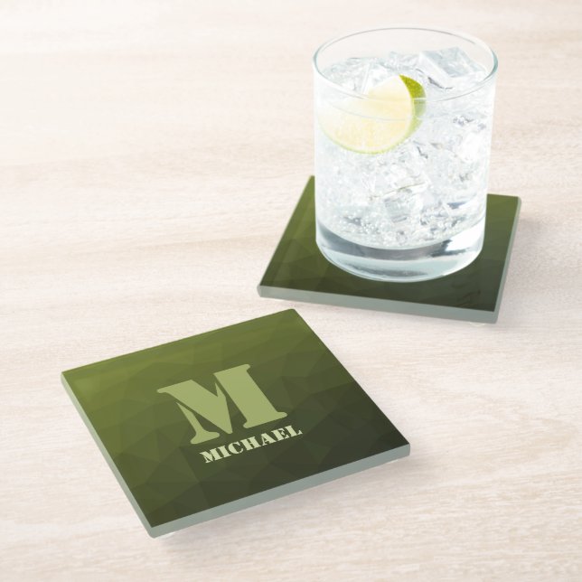 Posavasos De Vidrio Patrón de malla geométrica verde del ejército Mono (Angular)