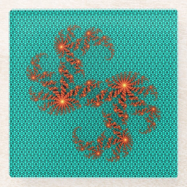 Posavasos De Vidrio Patrón de mandala abstracto negro teal (Anverso)