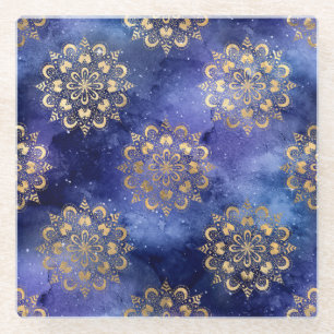 Posavasos De Vidrio Patrón de Mandala Dharma de Galaxia Dorada y Azul