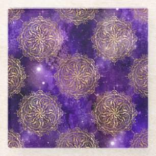 Posavasos De Vidrio Patrón de Mandala Dharma de Galaxia Dorada y Púrpu