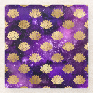Posavasos De Vidrio Patrón de Mandala Dharma de Galaxia Dorada y Púrpu