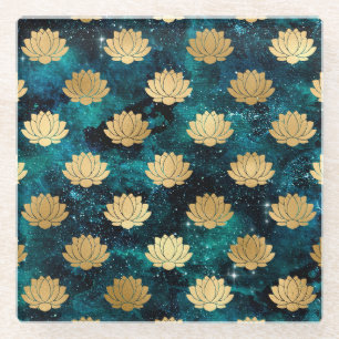 Posavasos De Vidrio Patrón de Mandala Dharma de Galaxia Dorada y Verde