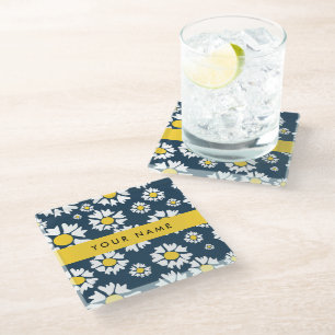 Posavasos De Vidrio Patrón de margaritas, margaritas blancas, tu nombr