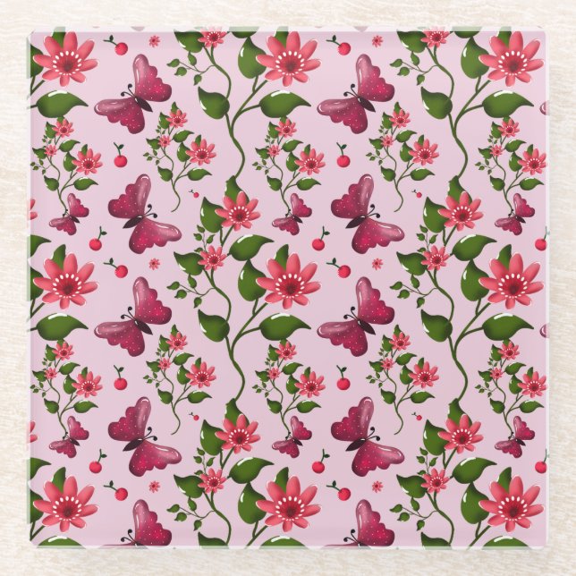Posavasos De Vidrio Patrón de Mariposa de Cereza Adorable, Fruta Kawai (Anverso)