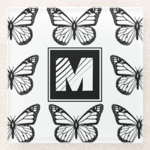Posavasos De Vidrio Patrón de mariposa en blanco y negro con monograma
