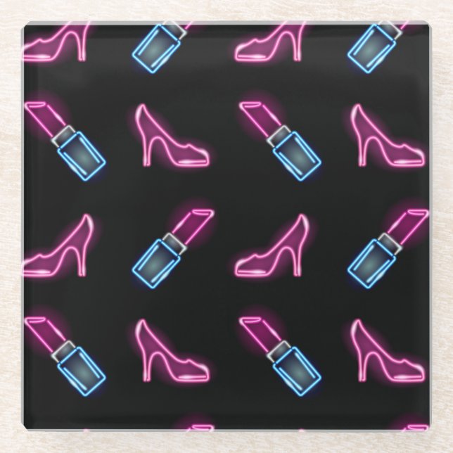 Posavasos De Vidrio Patrón de moda con iconos de neón. (Anverso)