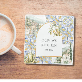 Posavasos De Vidrio Patrón de mosaico azul amarillo del Mediterráneo d