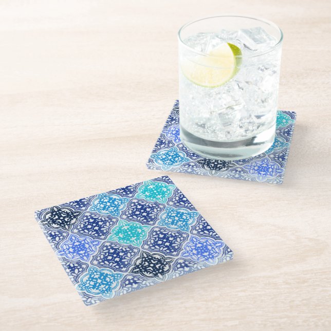 Posavasos De Vidrio Patrón de mosaico azul marroquí dibujado a mano (Angular)