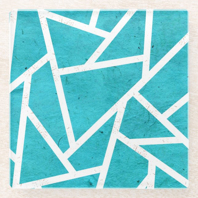 Posavasos De Vidrio Patrón de mosaico azul-verde y blanco (Anverso)