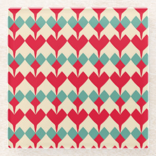 Posavasos De Vidrio Patrón de mosaico de corazones rojos, azul de ment