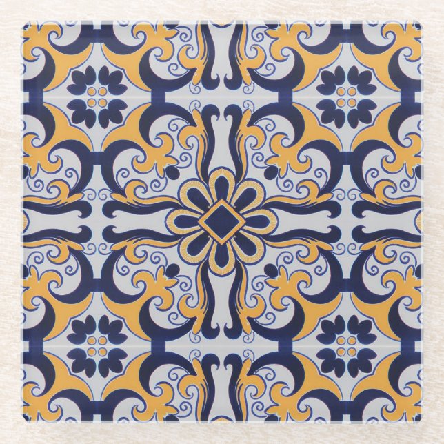 Posavasos De Vidrio Patrón de mosaico portugués (Anverso)