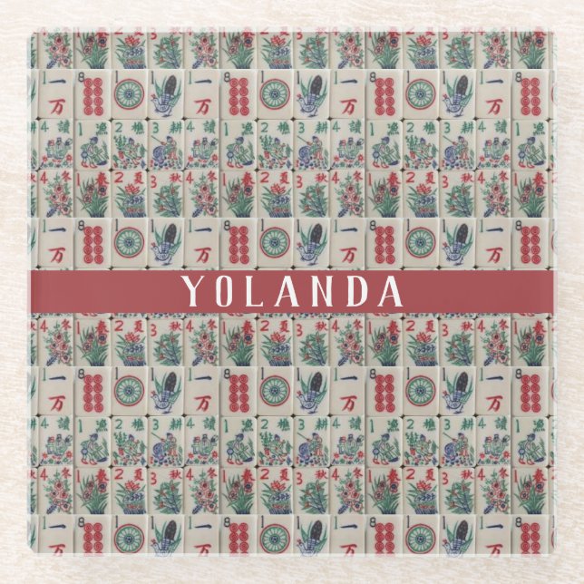 Posavasos De Vidrio Patrón de mosaicos de Mahjong personalizado (Anverso)