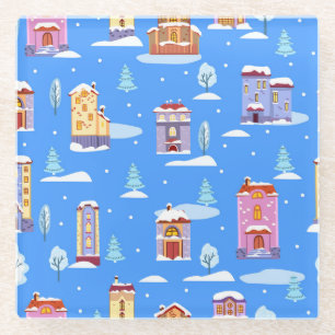 Posavasos De Vidrio Patrón de Nieve Escandinavo de Casas de Invierno