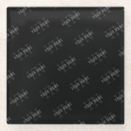 Posavasos De Vidrio Patrón de nombre de monograma gris y negro muy osc