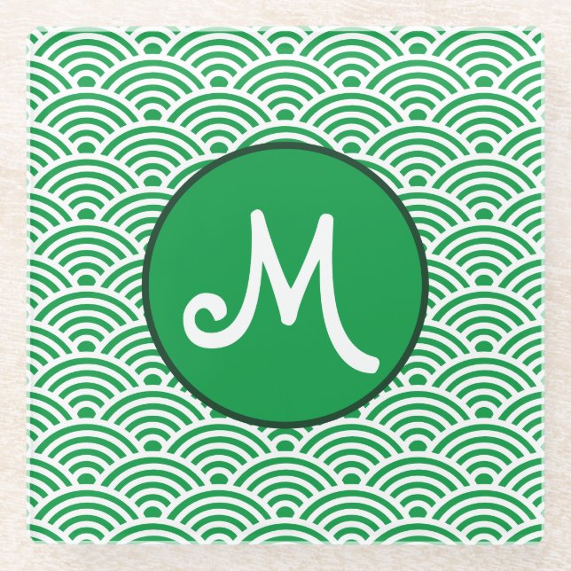 Posavasos De Vidrio Patrón de ondas nami y monograma (Anverso)