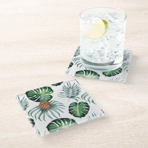 Posavasos De Vidrio Patrón de palma de jungla de acuarela tropical de 