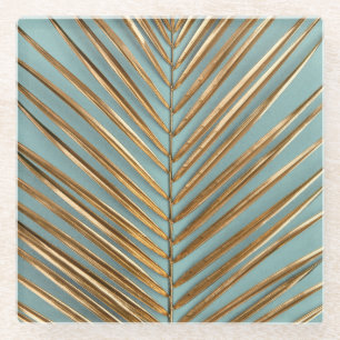 Posavasos De Vidrio Patrón de Palma Tropical Pintado en Oro