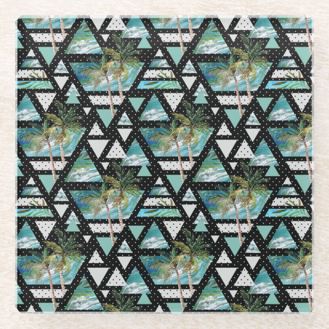 Posavasos De Vidrio Patrón de palmas y olas geométricas abstractas (Anverso)