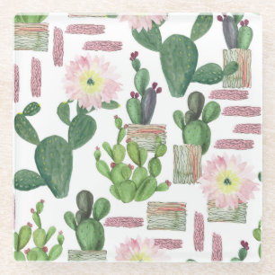 Posavasos De Vidrio Patrón de pintura de color de agua Cactus sin foco