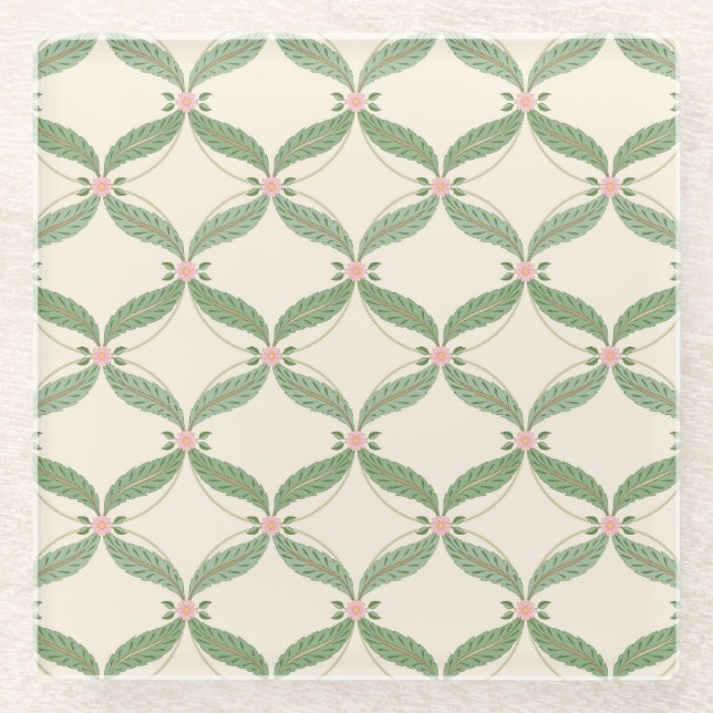 Posavasos De Vidrio Patrón de rejilla de flores de hojas simples (Anverso)