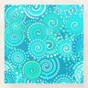 Posavasos De Vidrio Patrón de remolino fractal, tonos turquesa
