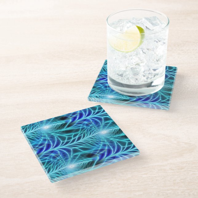 Posavasos De Vidrio Patrón de repetición de fractal luminoso azul eléc (Angular)