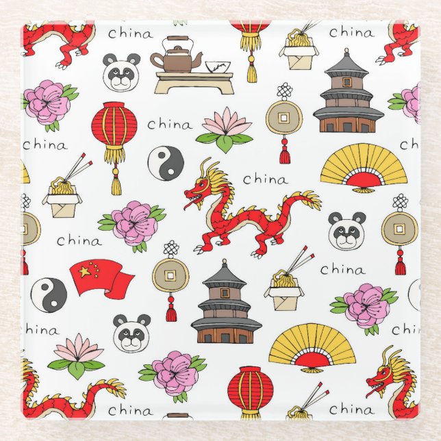 Posavasos De Vidrio Patrón de símbolos de China (Anverso)