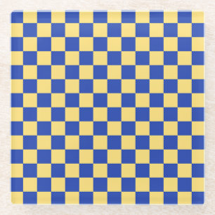 Posavasos De Vidrio Patrón de tablero cuadriculado amarillo y azul