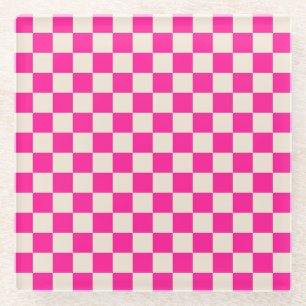 Posavasos De Vidrio Patrón de tablero de ajedrez rosa caliente y bronc