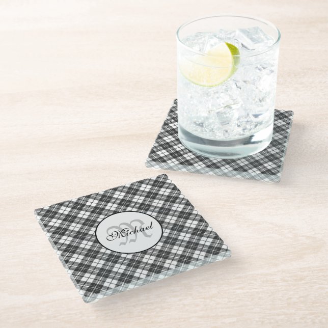 Posavasos De Vidrio Patrón de Tartán Navidades Monograma blanco negro (Angular)