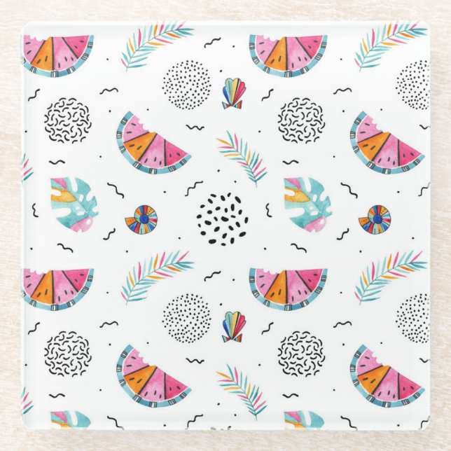 Posavasos De Vidrio Patrón de verano tropical estilo Memphis (Anverso)