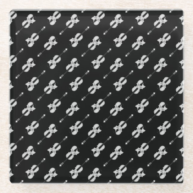 Posavasos De Vidrio Patrón de violín - Blanco y negro (Anverso)