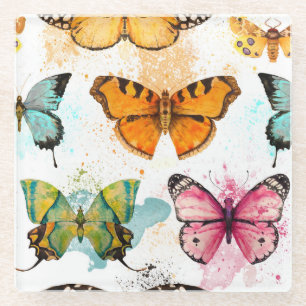 Posavasos De Vidrio Patrón delgado sin foco de mariposa acuarela