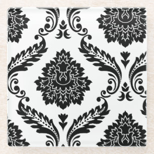 Posavasos De Vidrio Patrón Desplazado Rococó Damask Negro sobre Blanco