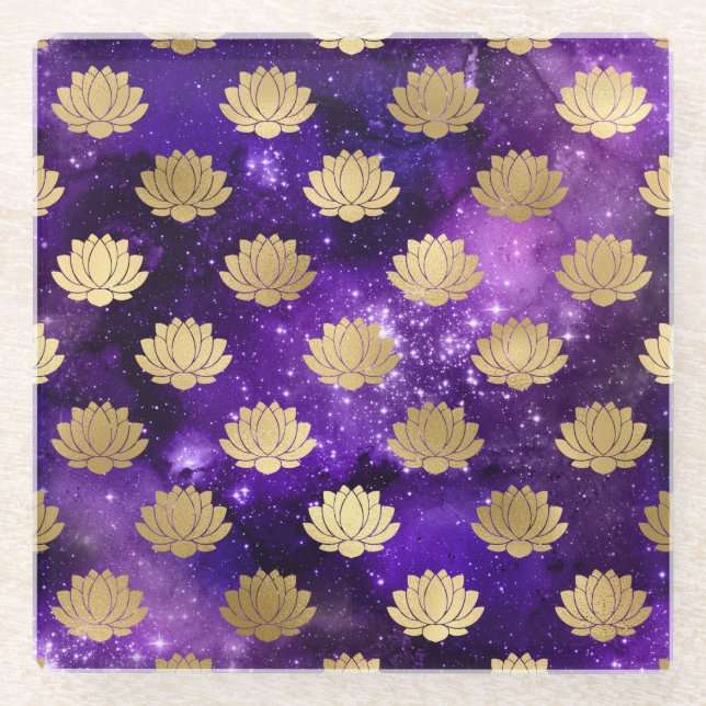 Posavasos De Vidrio Patrón Dharma Mandala de galaxia dorada y púrpura (Anverso)